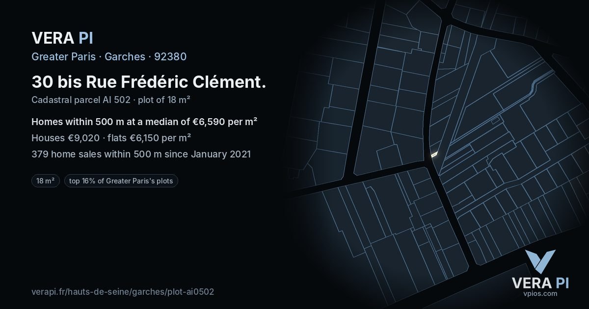 30 bis Rue Frédéric Clément, Garches at night – the plot lit, the parcels around coloured by the prices near them