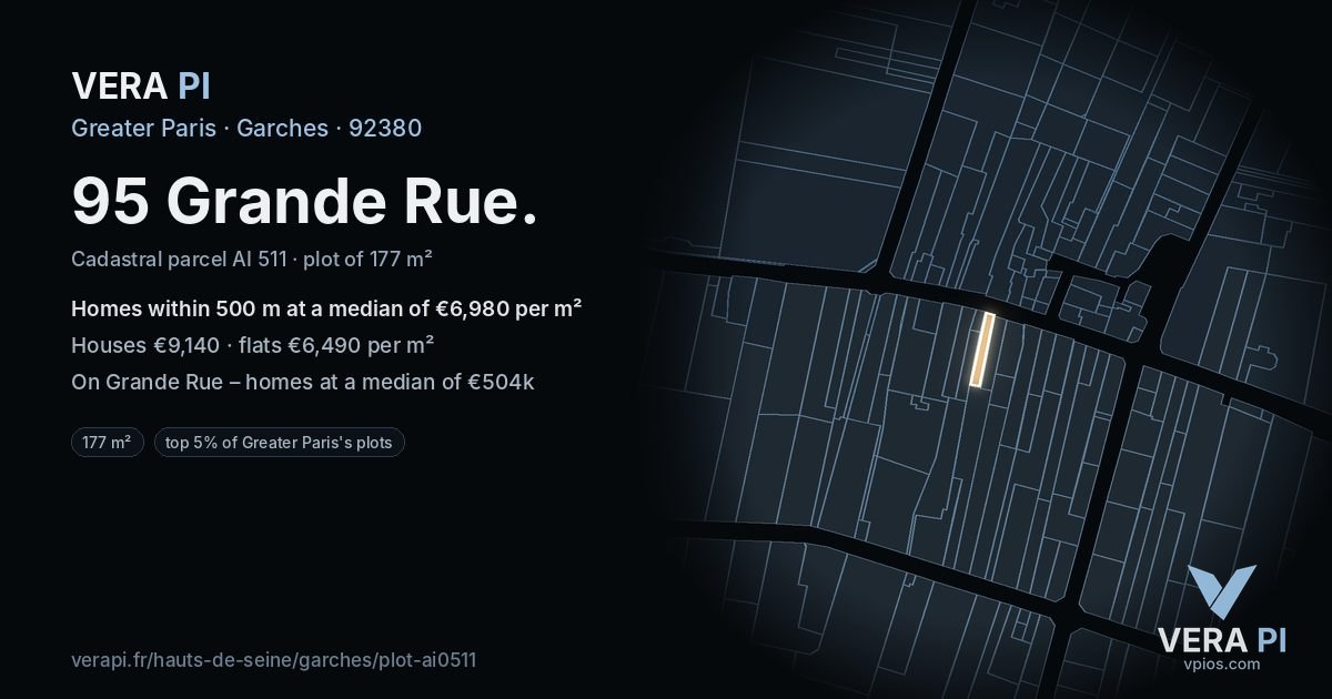 95 Grande Rue, Garches at night – the plot lit, the parcels around coloured by the prices near them