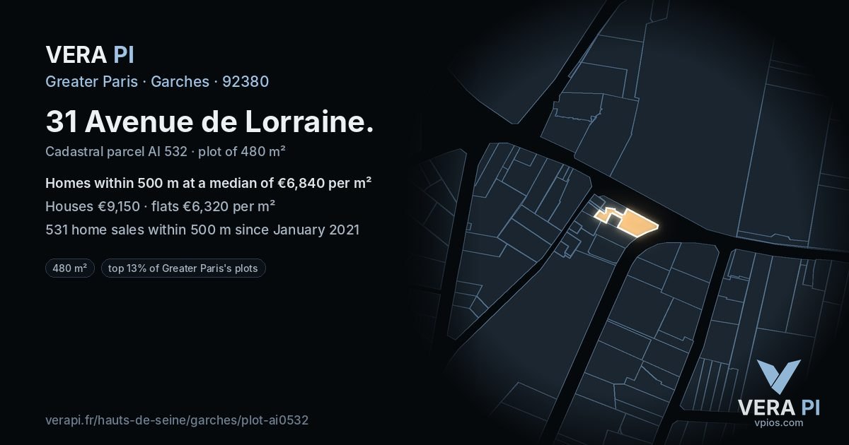 31 Avenue de Lorraine, Garches at night – the plot lit, the parcels around coloured by the prices near them