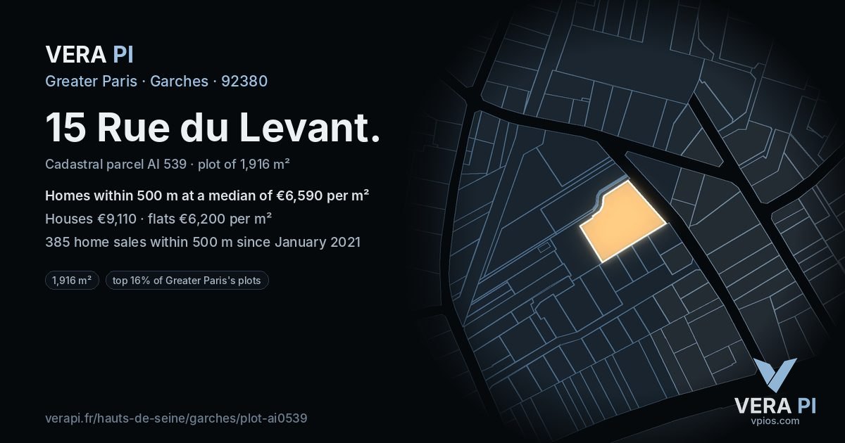 15 Rue du Levant, Garches at night – the plot lit, the parcels around coloured by the prices near them