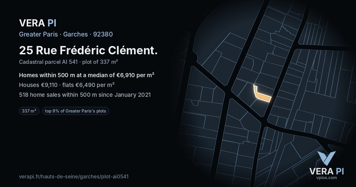 25 Rue Frédéric Clément, Garches at night – the plot lit, the parcels around coloured by the prices near them