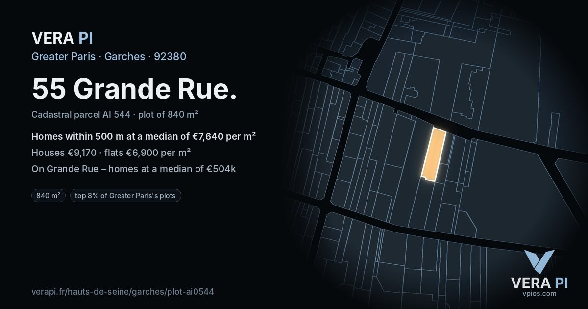 55 Grande Rue, Garches at night – the plot lit, the parcels around coloured by the prices near them