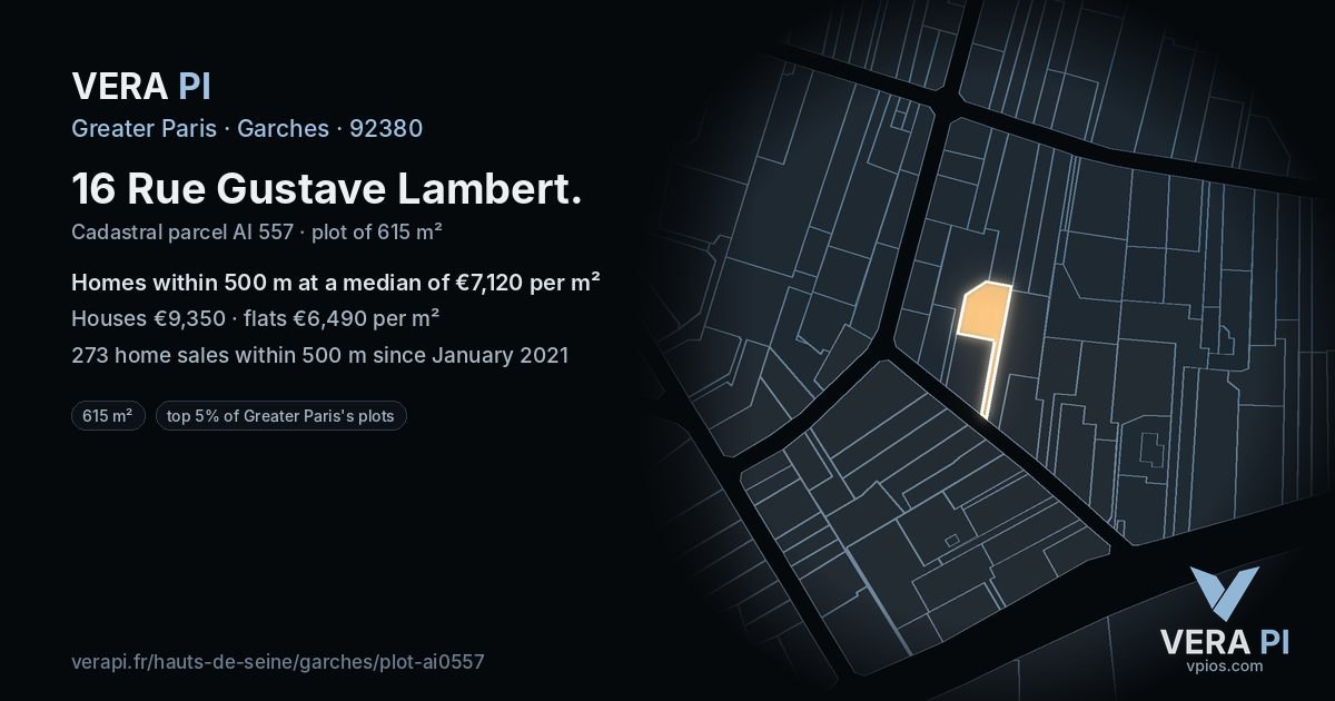 16 Rue Gustave Lambert, Garches at night – the plot lit, the parcels around coloured by the prices near them