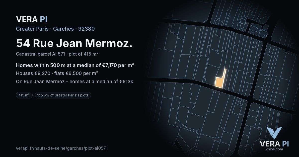 54 Rue Jean Mermoz, Garches at night – the plot lit, the parcels around coloured by the prices near them