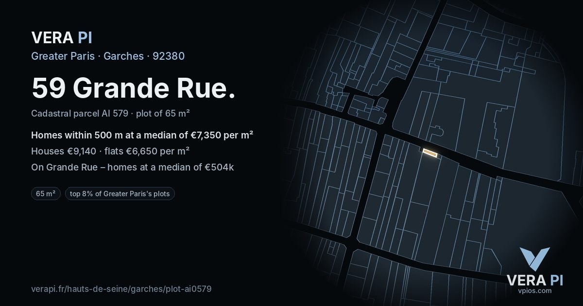 59 Grande Rue, Garches at night – the plot lit, the parcels around coloured by the prices near them