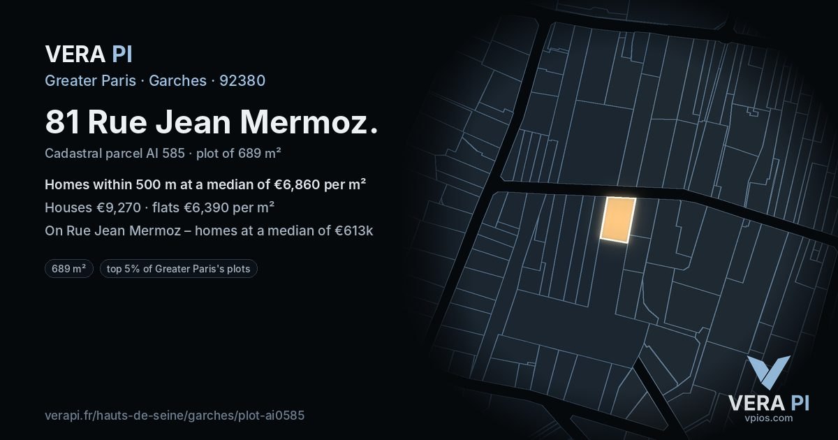 81 Rue Jean Mermoz, Garches at night – the plot lit, the parcels around coloured by the prices near them