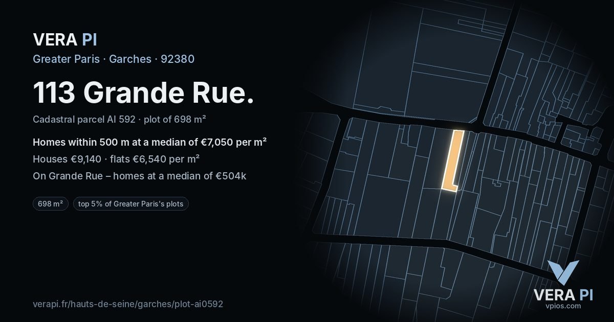 113 Grande Rue, Garches at night – the plot lit, the parcels around coloured by the prices near them