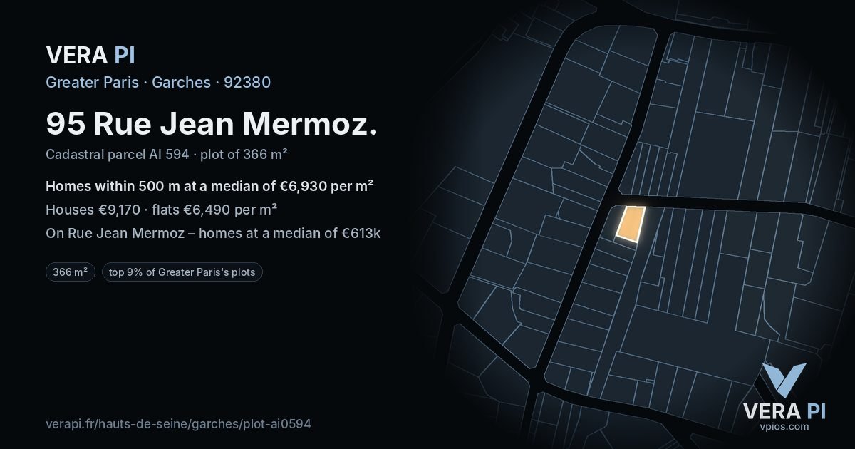 95 Rue Jean Mermoz, Garches at night – the plot lit, the parcels around coloured by the prices near them