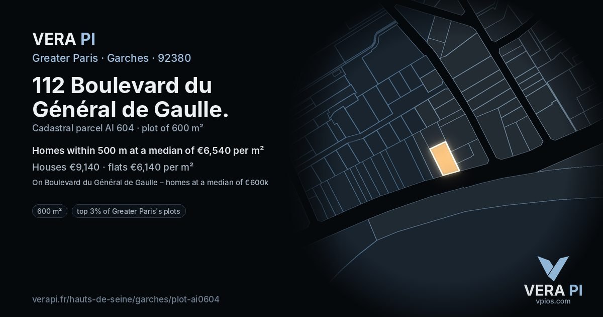 112 Boulevard du Général de Gaulle, Garches at night – the plot lit, the parcels around coloured by the prices near them