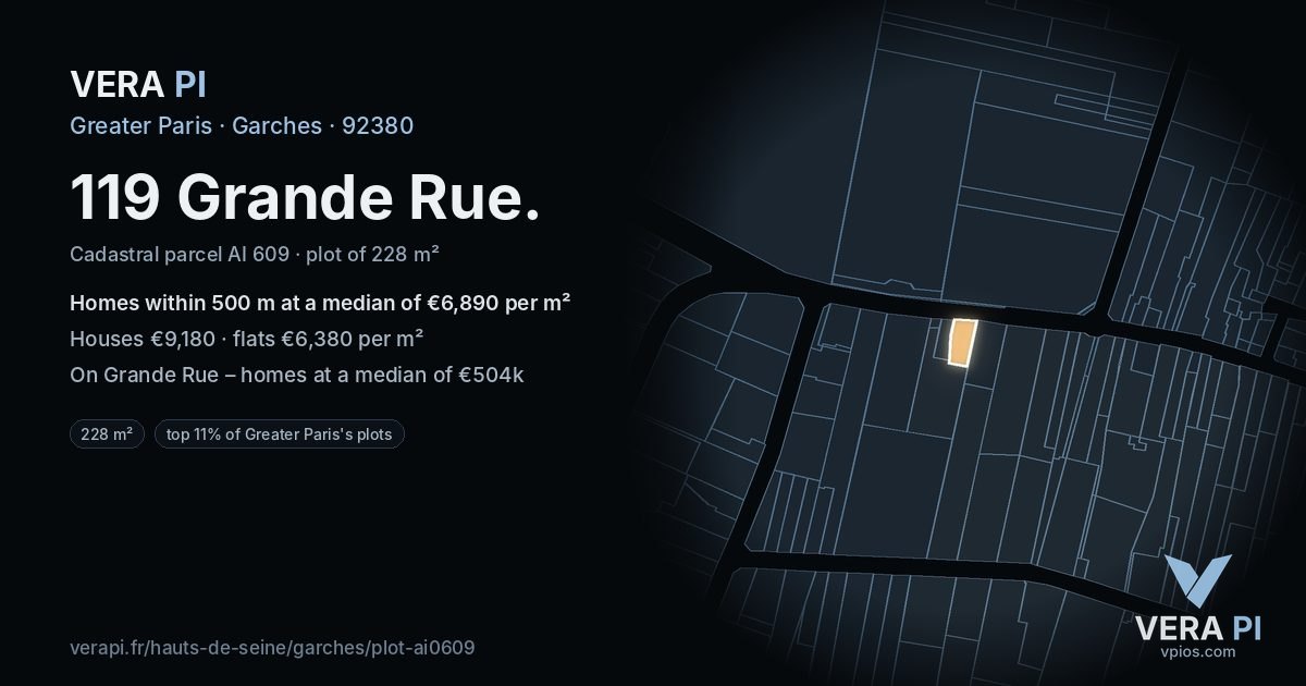 119 Grande Rue, Garches at night – the plot lit, the parcels around coloured by the prices near them