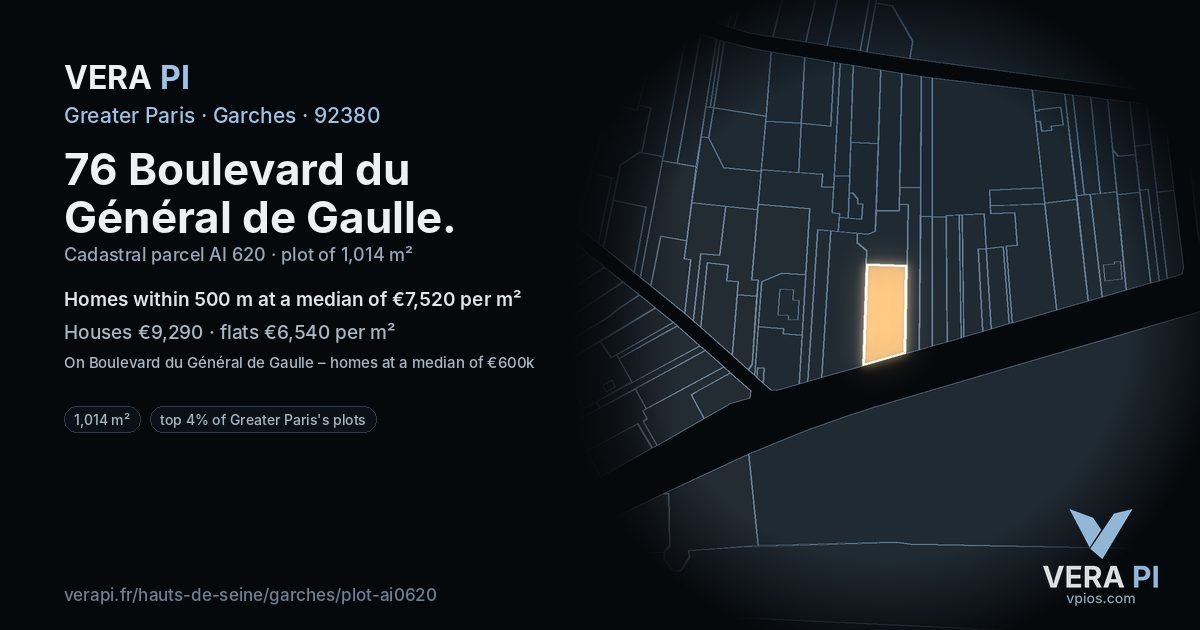 76 Boulevard du Général de Gaulle, Garches at night – the plot lit, the parcels around coloured by the prices near them
