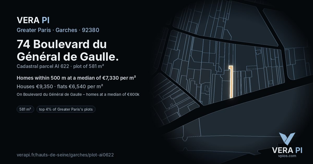 74 Boulevard du Général de Gaulle, Garches at night – the plot lit, the parcels around coloured by the prices near them