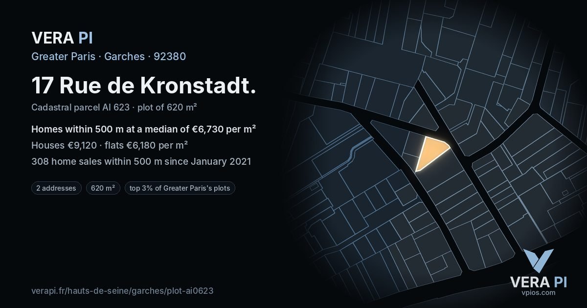 17 Rue de Kronstadt, Garches at night – the plot lit, the parcels around coloured by the prices near them