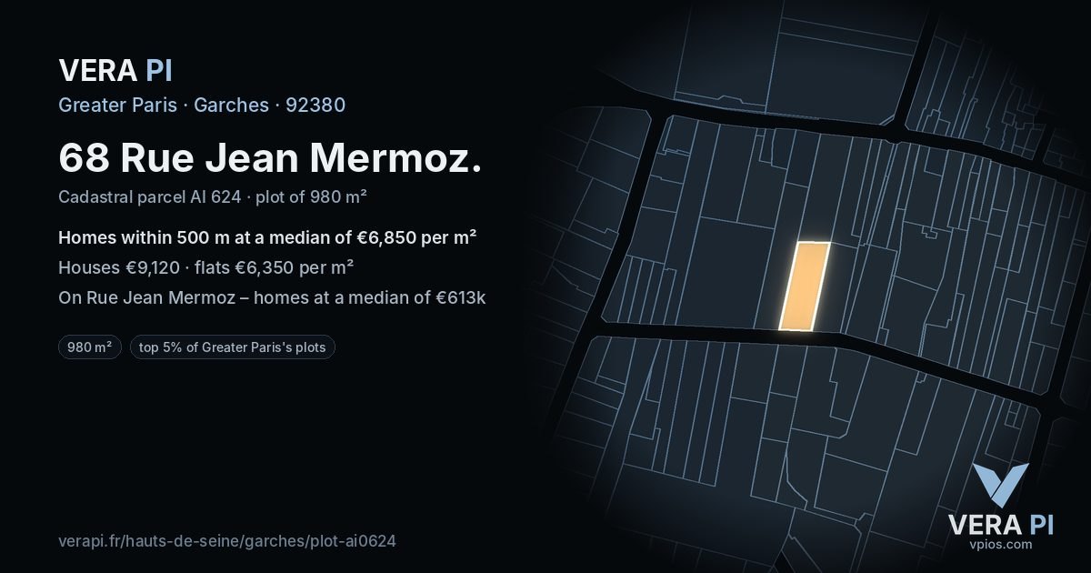 68 Rue Jean Mermoz, Garches at night – the plot lit, the parcels around coloured by the prices near them
