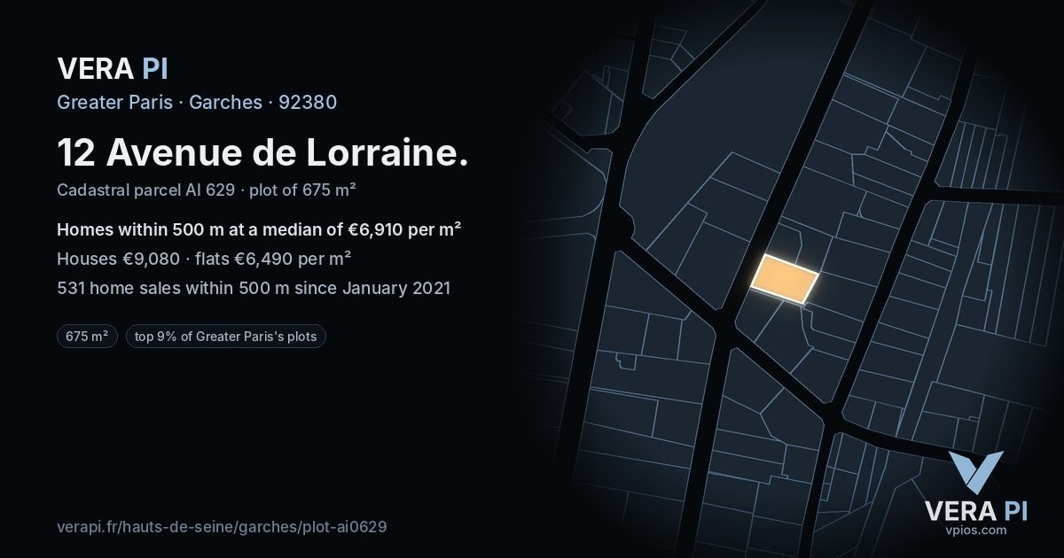 12 Avenue de Lorraine, Garches at night – the plot lit, the parcels around coloured by the prices near them