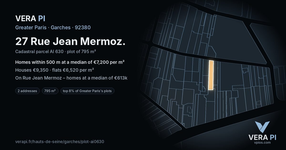 27 Rue Jean Mermoz, Garches at night – the plot lit, the parcels around coloured by the prices near them