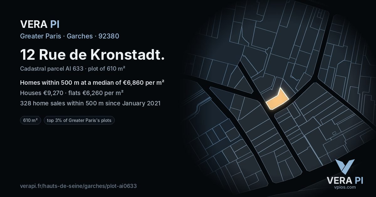 12 Rue de Kronstadt, Garches at night – the plot lit, the parcels around coloured by the prices near them