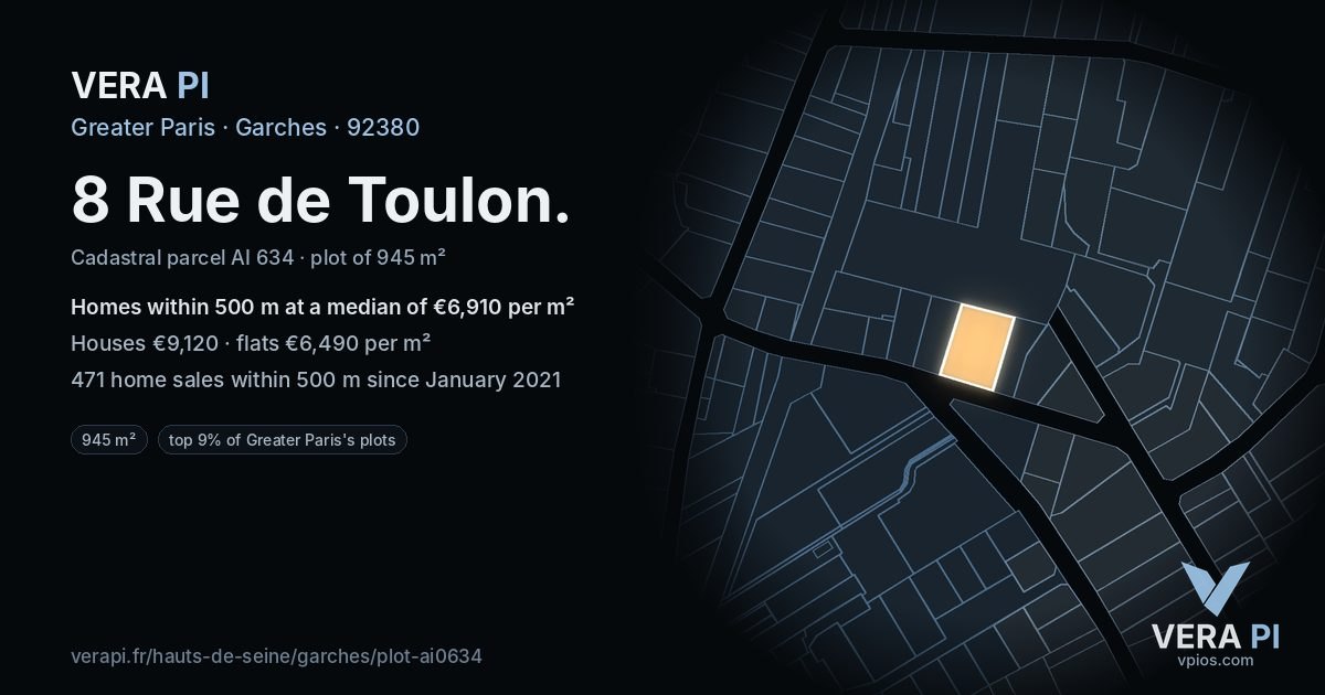 8 Rue de Toulon, Garches at night – the plot lit, the parcels around coloured by the prices near them