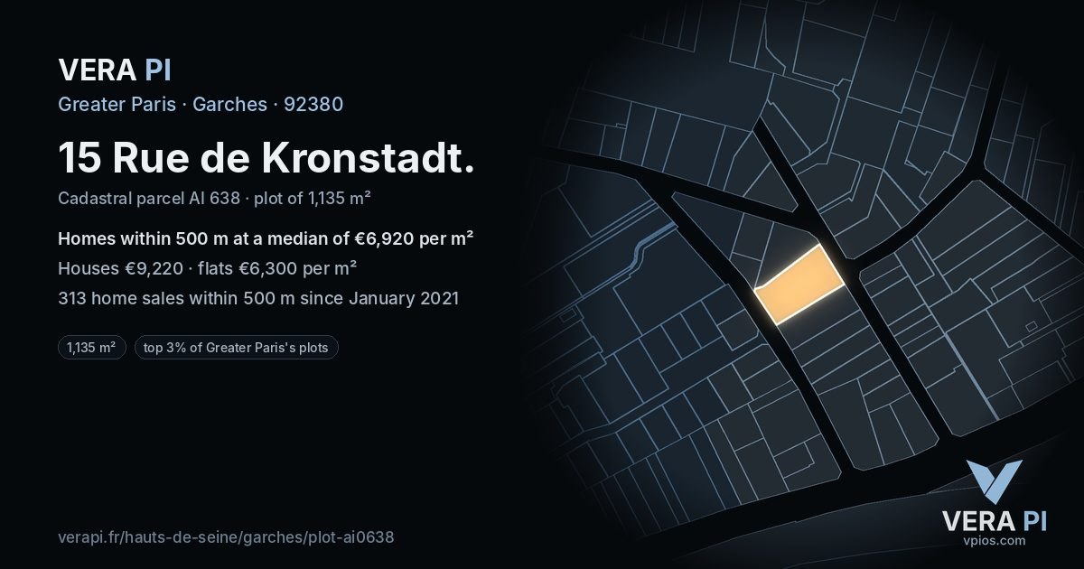 15 Rue de Kronstadt, Garches at night – the plot lit, the parcels around coloured by the prices near them