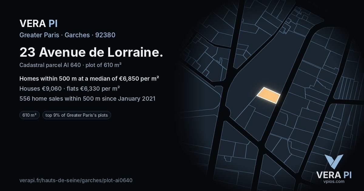 23 Avenue de Lorraine, Garches at night – the plot lit, the parcels around coloured by the prices near them