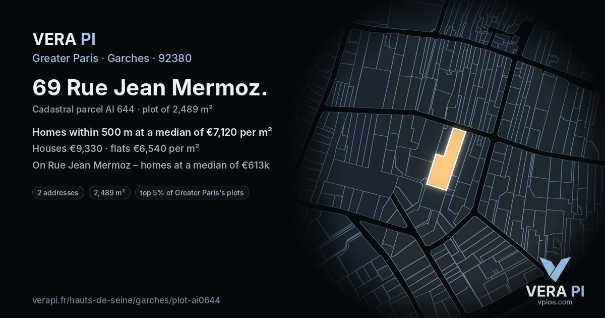 69 Rue Jean Mermoz, Garches at night – the plot lit, the parcels around coloured by the prices near them