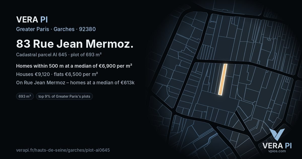 83 Rue Jean Mermoz, Garches at night – the plot lit, the parcels around coloured by the prices near them