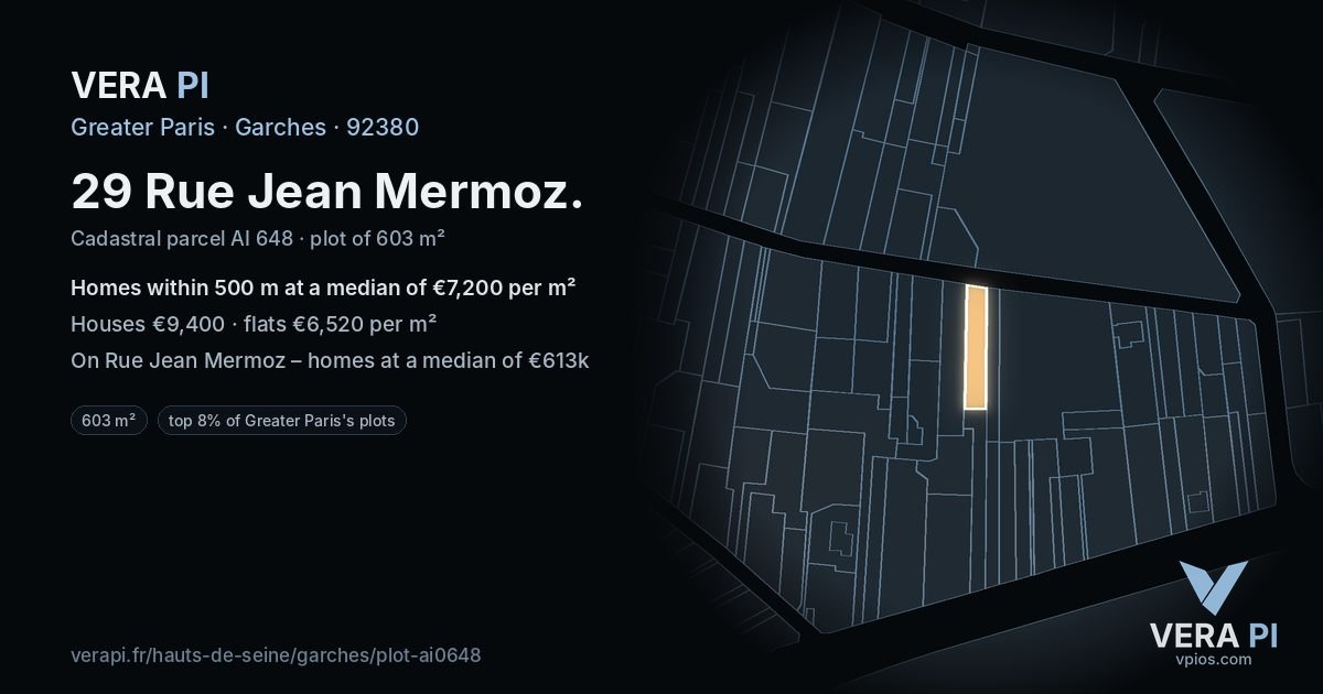 29 Rue Jean Mermoz, Garches at night – the plot lit, the parcels around coloured by the prices near them