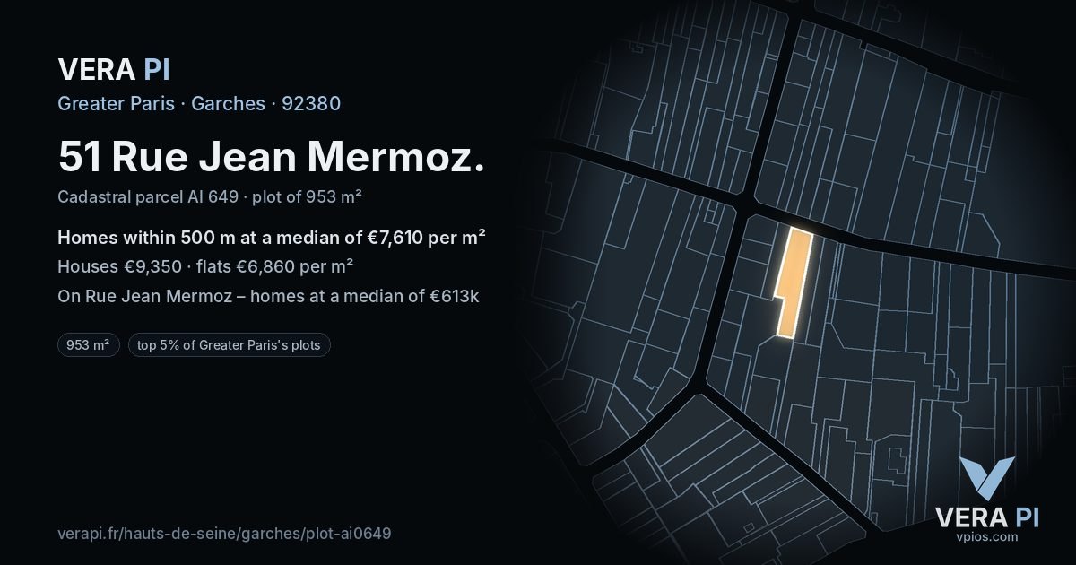 51 Rue Jean Mermoz, Garches at night – the plot lit, the parcels around coloured by the prices near them