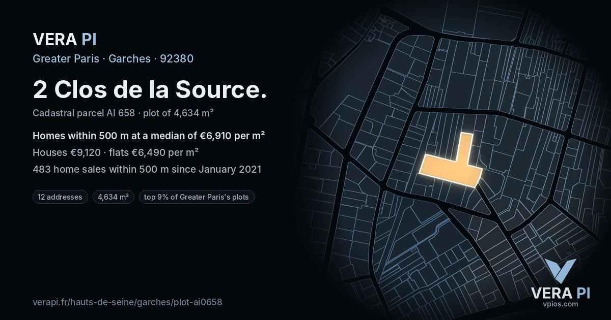 2 Clos de la Source, Garches at night – the plot lit, the parcels around coloured by the prices near them