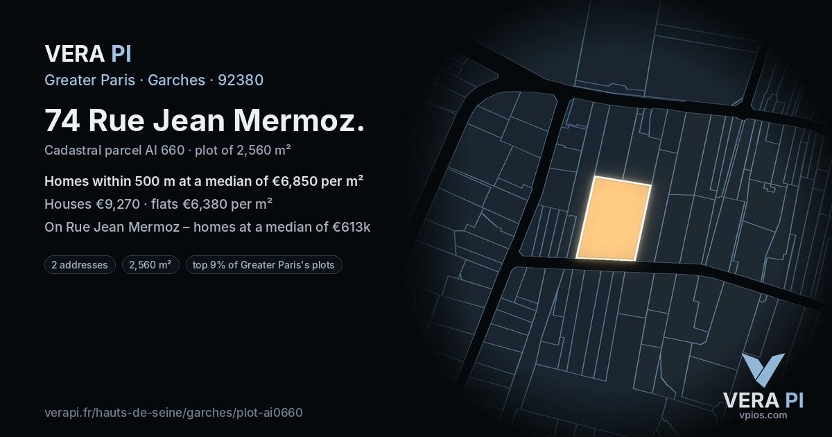 74 Rue Jean Mermoz, Garches at night – the plot lit, the parcels around coloured by the prices near them