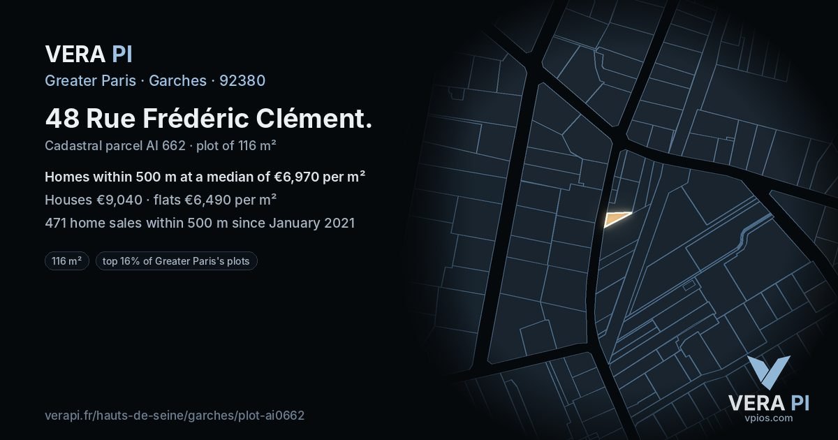 48 Rue Frédéric Clément, Garches at night – the plot lit, the parcels around coloured by the prices near them