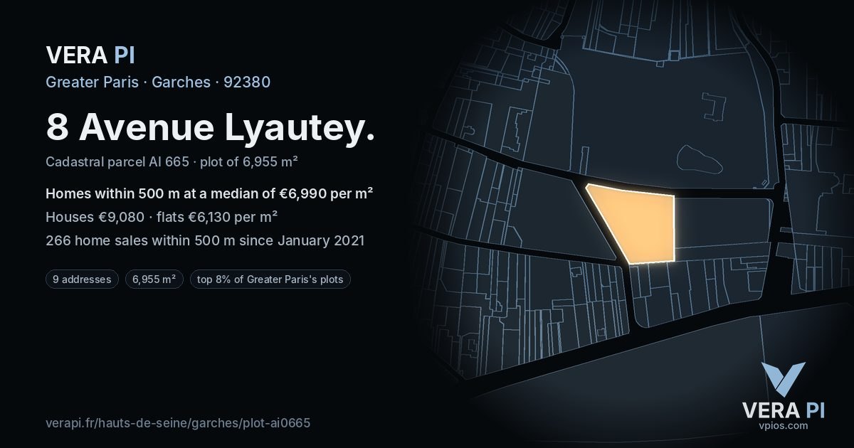 8 Avenue Lyautey, Garches at night – the plot lit, the parcels around coloured by the prices near them