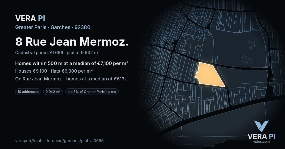 8 Rue Jean Mermoz, Garches at night – the plot lit, the parcels around coloured by the prices near them