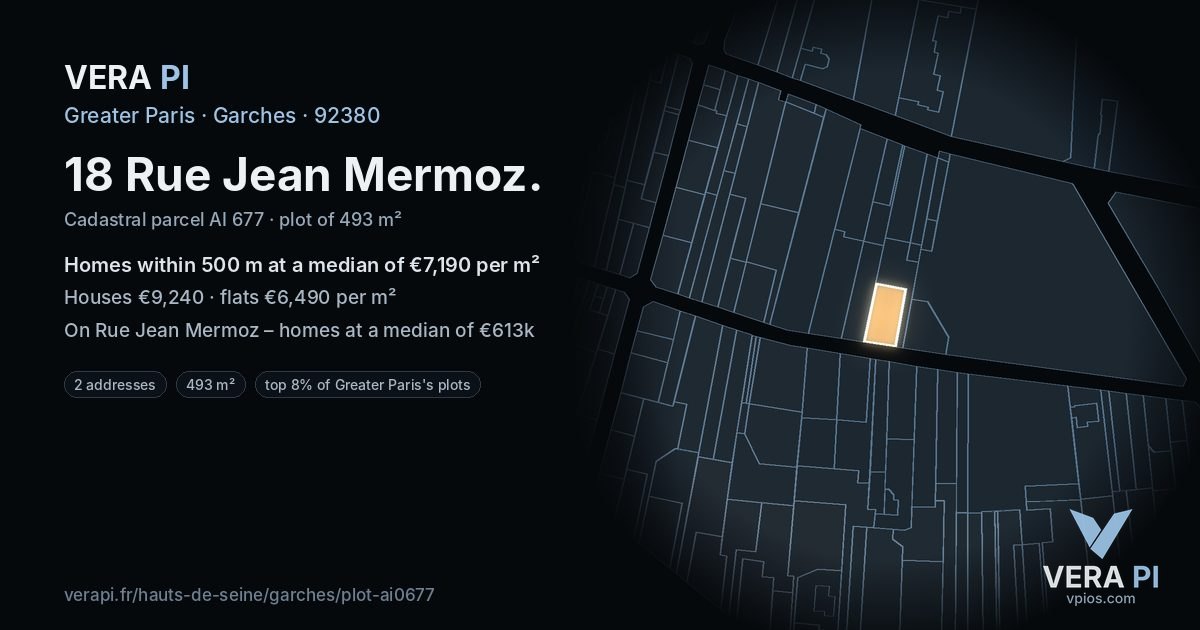 18 Rue Jean Mermoz, Garches at night – the plot lit, the parcels around coloured by the prices near them