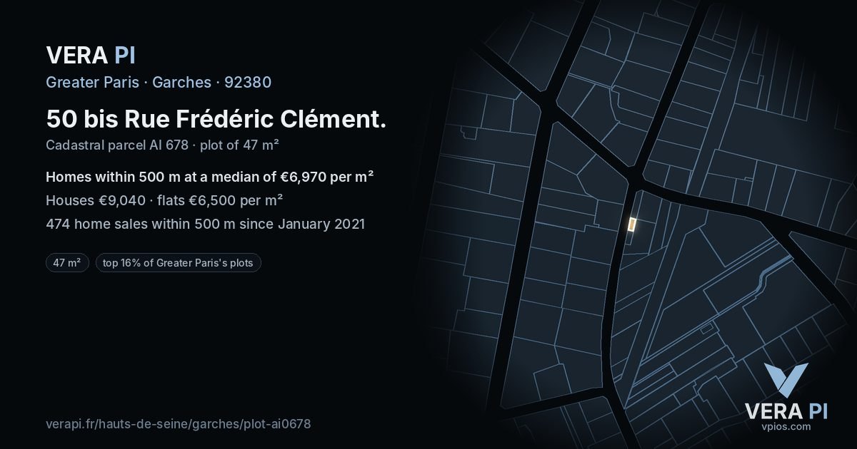 50 bis Rue Frédéric Clément, Garches at night – the plot lit, the parcels around coloured by the prices near them