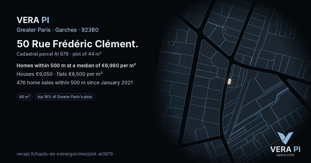 50 Rue Frédéric Clément, Garches at night – the plot lit, the parcels around coloured by the prices near them