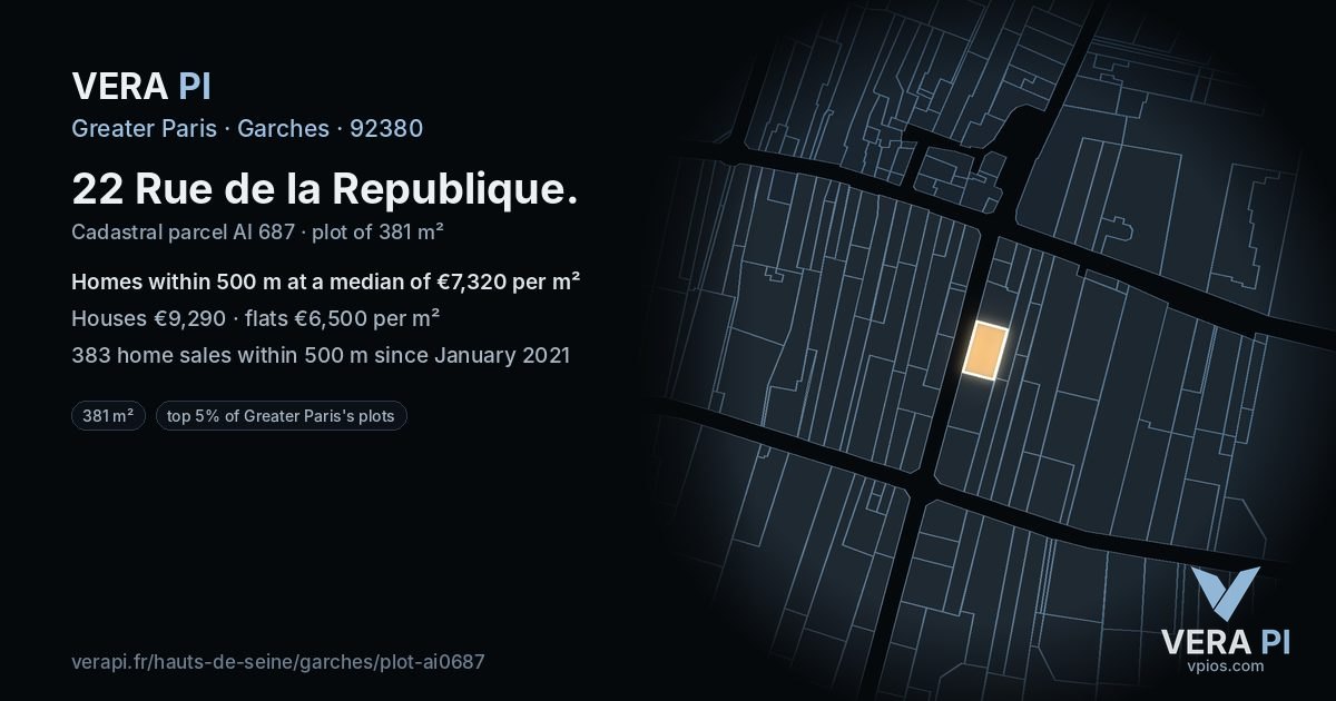 22 Rue de la Republique, Garches at night – the plot lit, the parcels around coloured by the prices near them