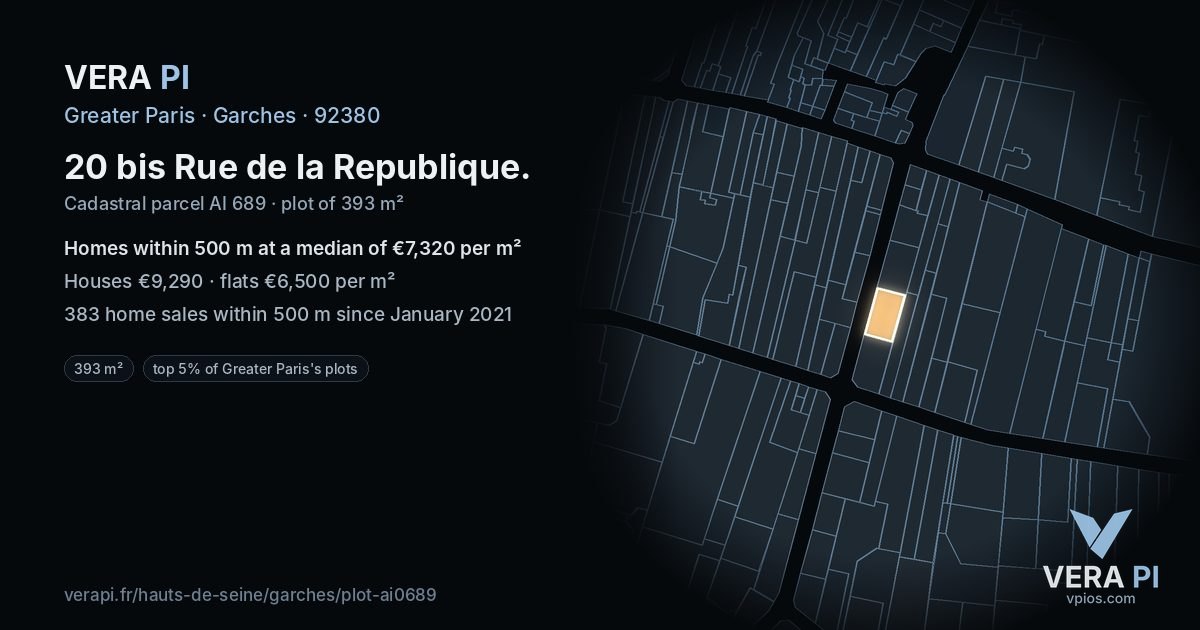 20 bis Rue de la Republique, Garches at night – the plot lit, the parcels around coloured by the prices near them