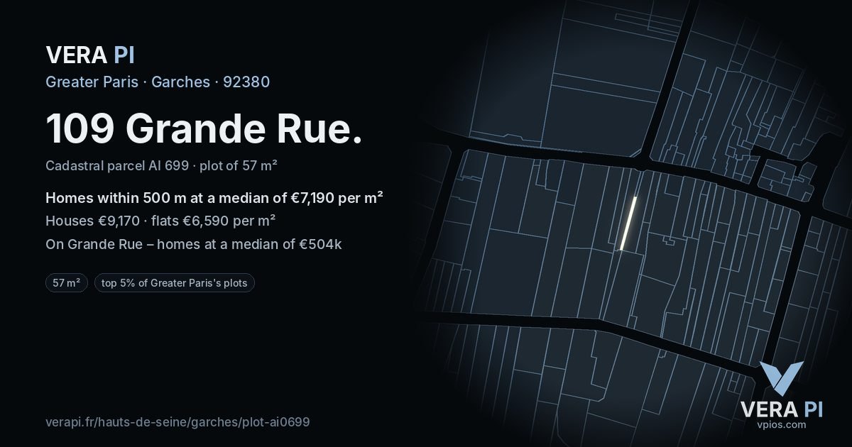 109 Grande Rue, Garches at night – the plot lit, the parcels around coloured by the prices near them