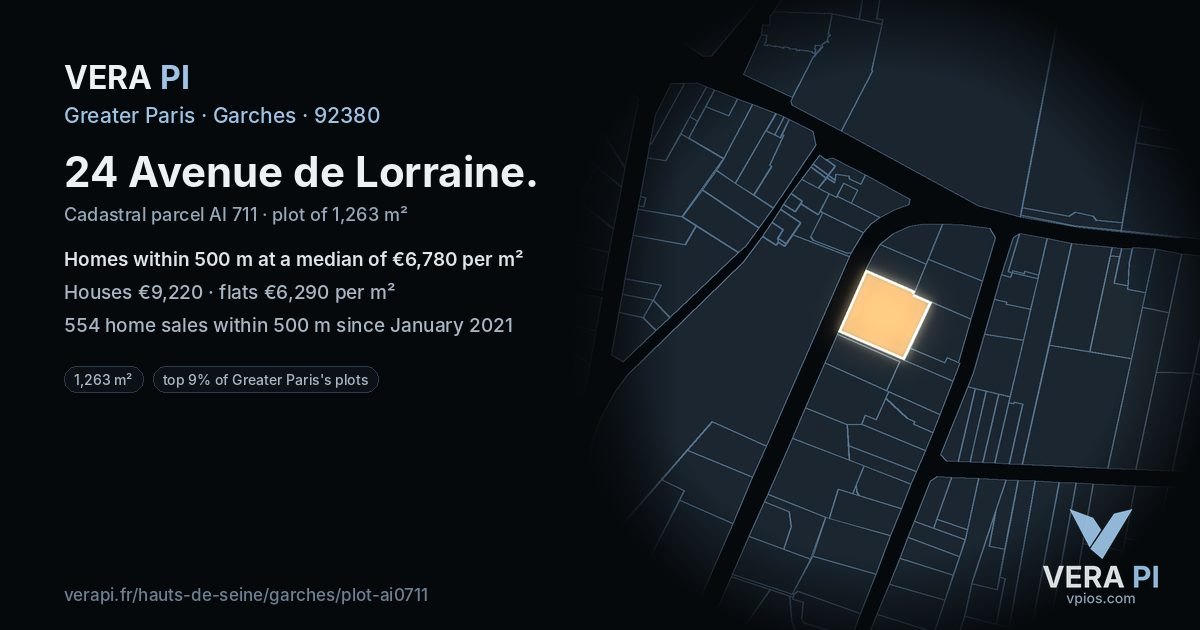 24 Avenue de Lorraine, Garches at night – the plot lit, the parcels around coloured by the prices near them