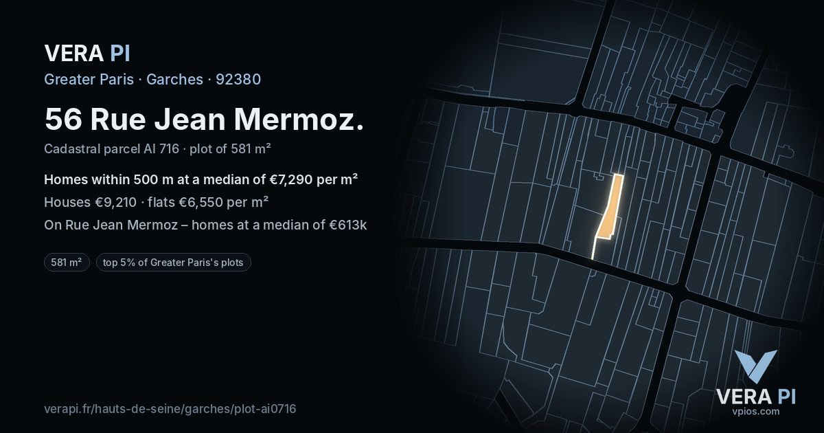 56 Rue Jean Mermoz, Garches at night – the plot lit, the parcels around coloured by the prices near them