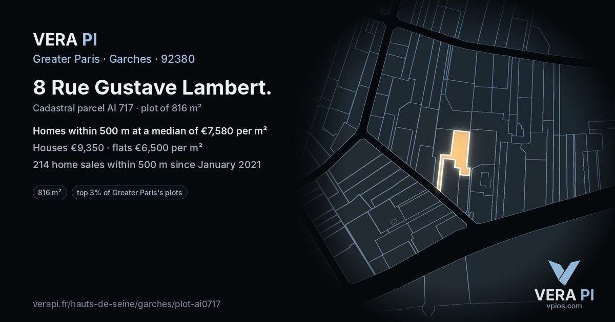 8 Rue Gustave Lambert, Garches at night – the plot lit, the parcels around coloured by the prices near them