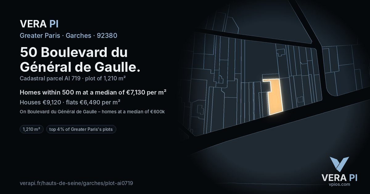 50 Boulevard du Général de Gaulle, Garches at night – the plot lit, the parcels around coloured by the prices near them