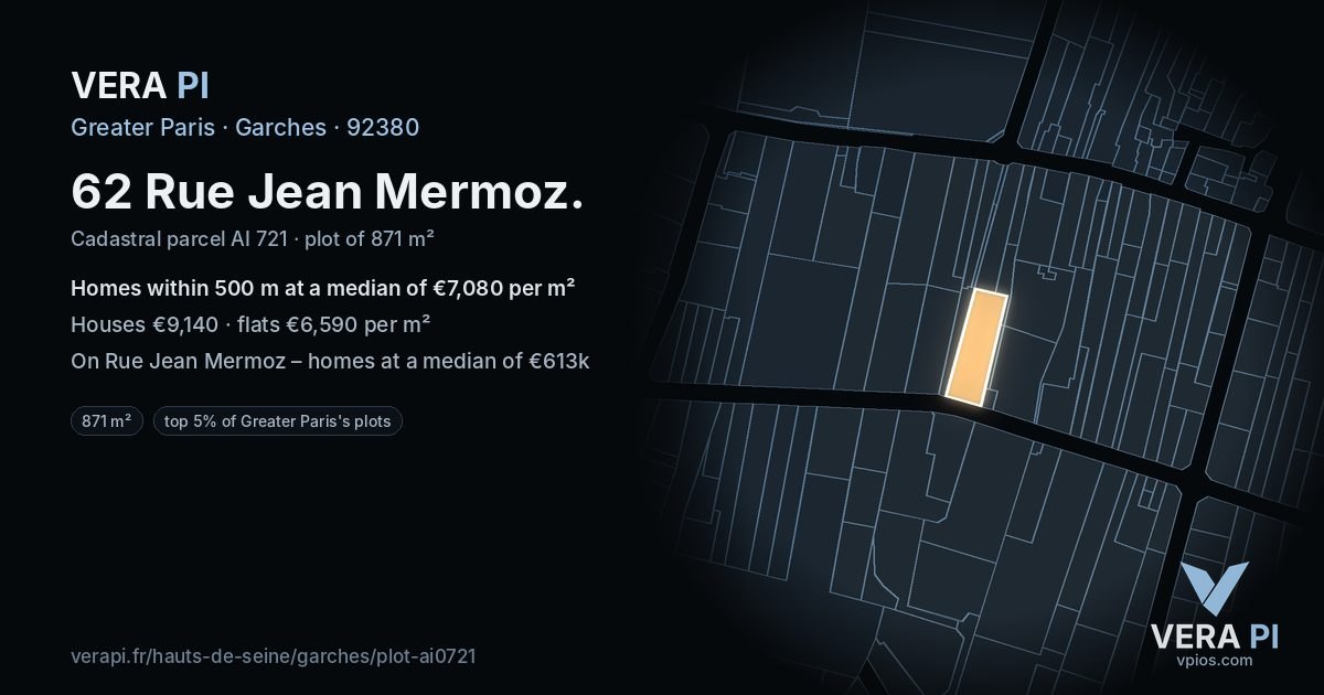 62 Rue Jean Mermoz, Garches at night – the plot lit, the parcels around coloured by the prices near them