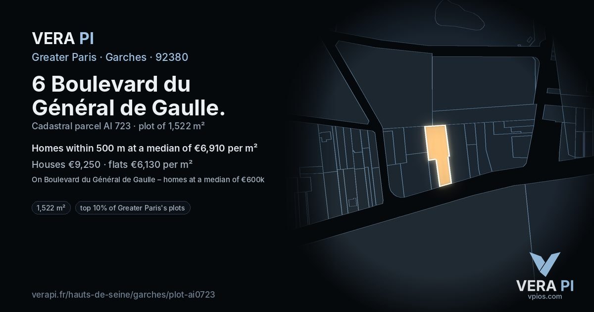 6 Boulevard du Général de Gaulle, Garches at night – the plot lit, the parcels around coloured by the prices near them
