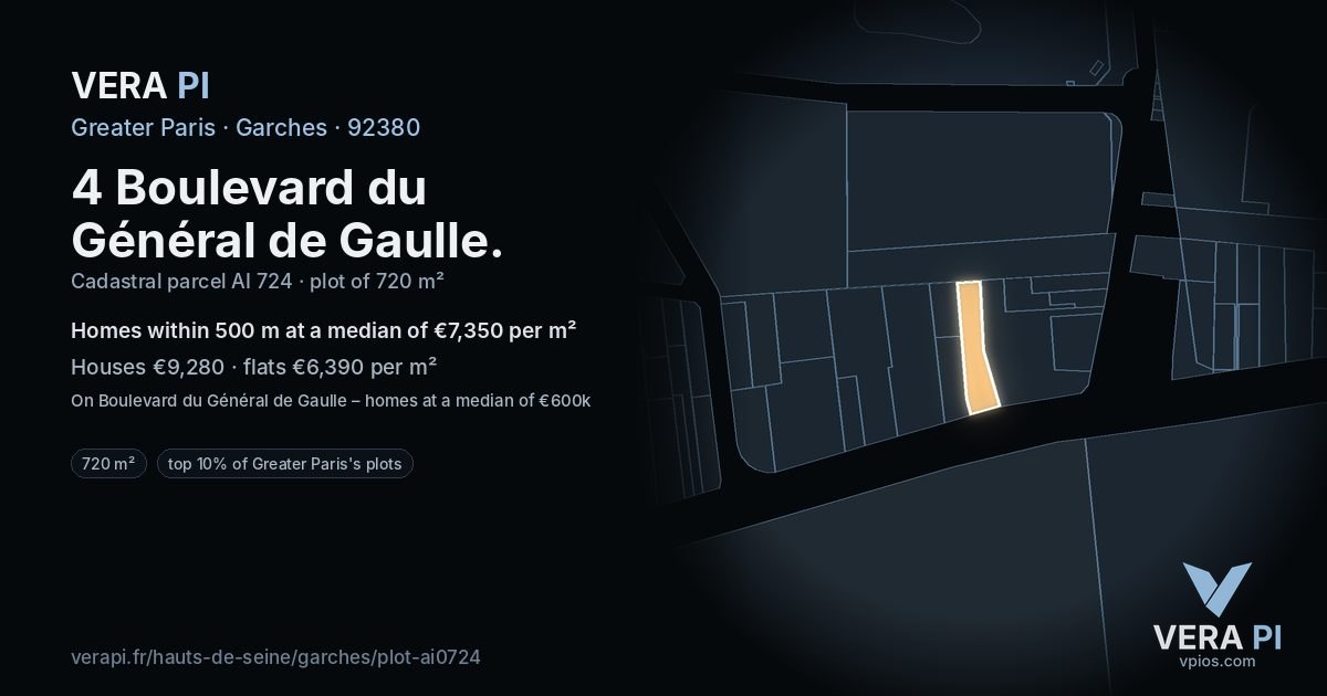 4 Boulevard du Général de Gaulle, Garches at night – the plot lit, the parcels around coloured by the prices near them