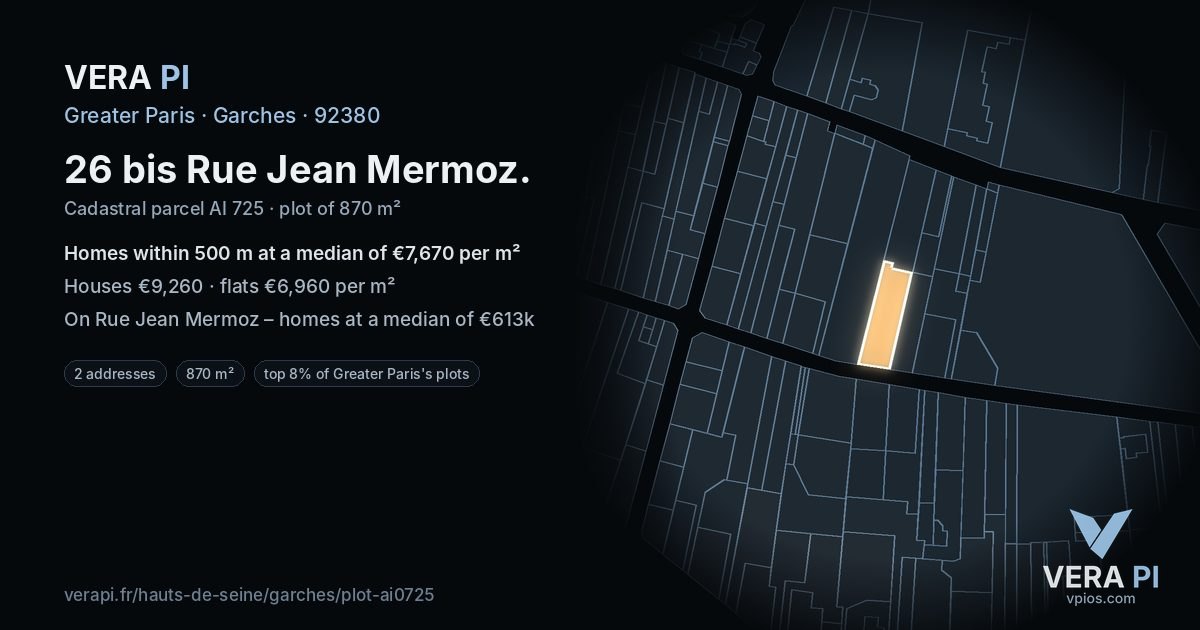 26 bis Rue Jean Mermoz, Garches at night – the plot lit, the parcels around coloured by the prices near them