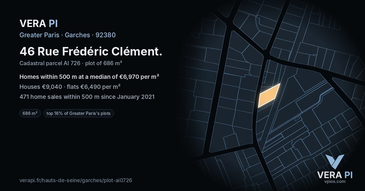 46 Rue Frédéric Clément, Garches at night – the plot lit, the parcels around coloured by the prices near them