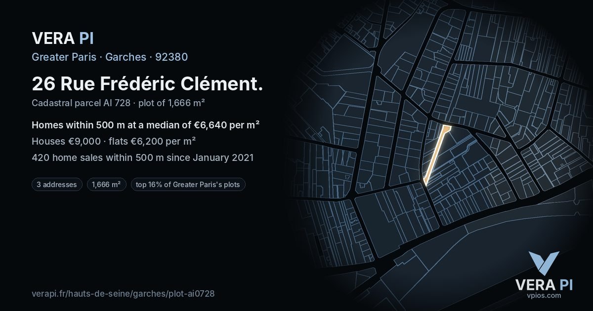 26 Rue Frédéric Clément, Garches at night – the plot lit, the parcels around coloured by the prices near them