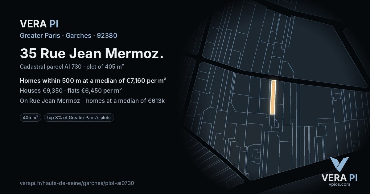 35 Rue Jean Mermoz, Garches at night – the plot lit, the parcels around coloured by the prices near them